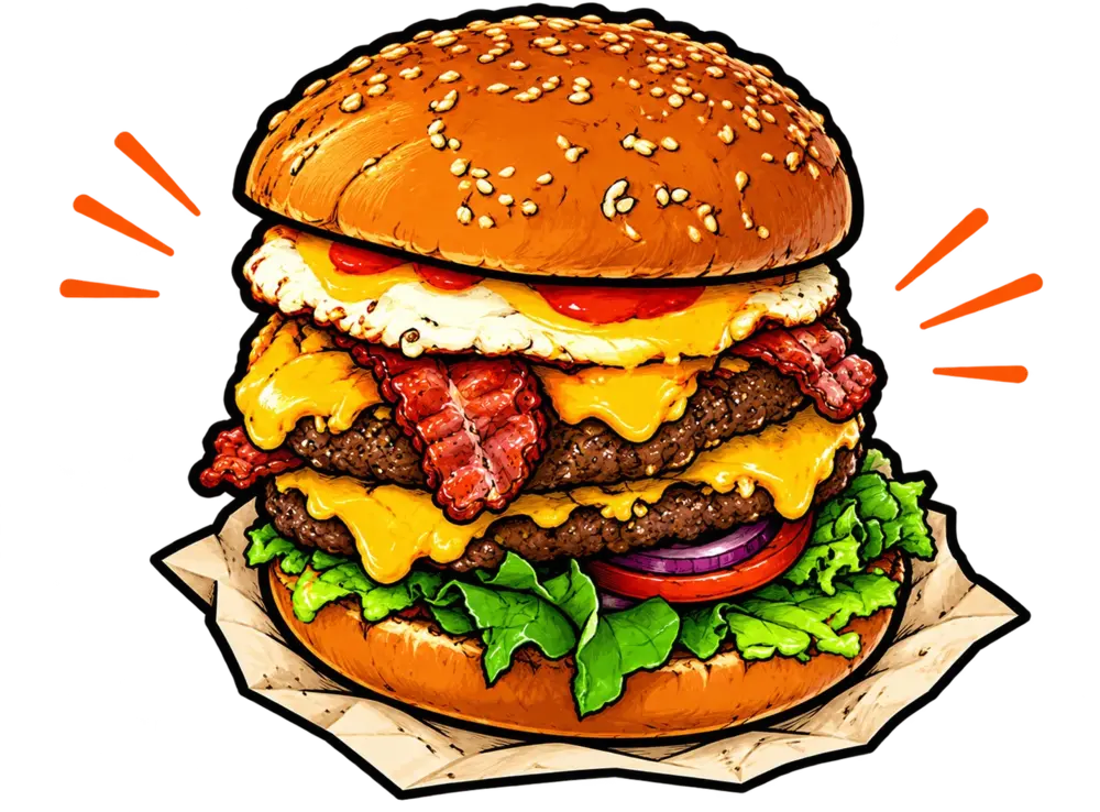 Illustratie van een dubbele cheeseburger met spek en ei
